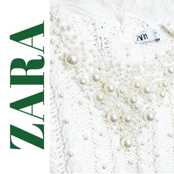 NWT ZARA WHITE ECRU CABLE KNIT FAUX PEARL SLEEVELESS SWEATER, LARGE - Picture 10 of 16